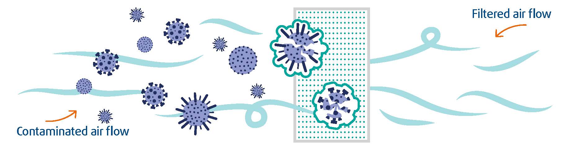 Contaminated air flowing through DELTRI+ AHU filter to then be decontaminated filtered air